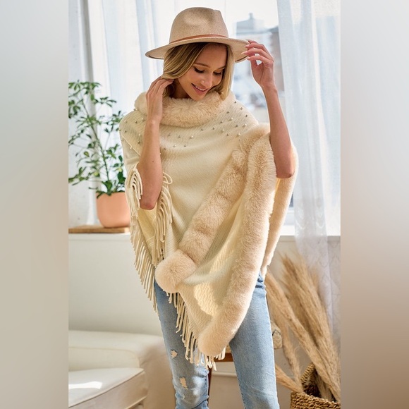 101. LAST 1!Cream pearl bead embellished shawl poncho sweater jacket cardigan - Picture 4 of 5